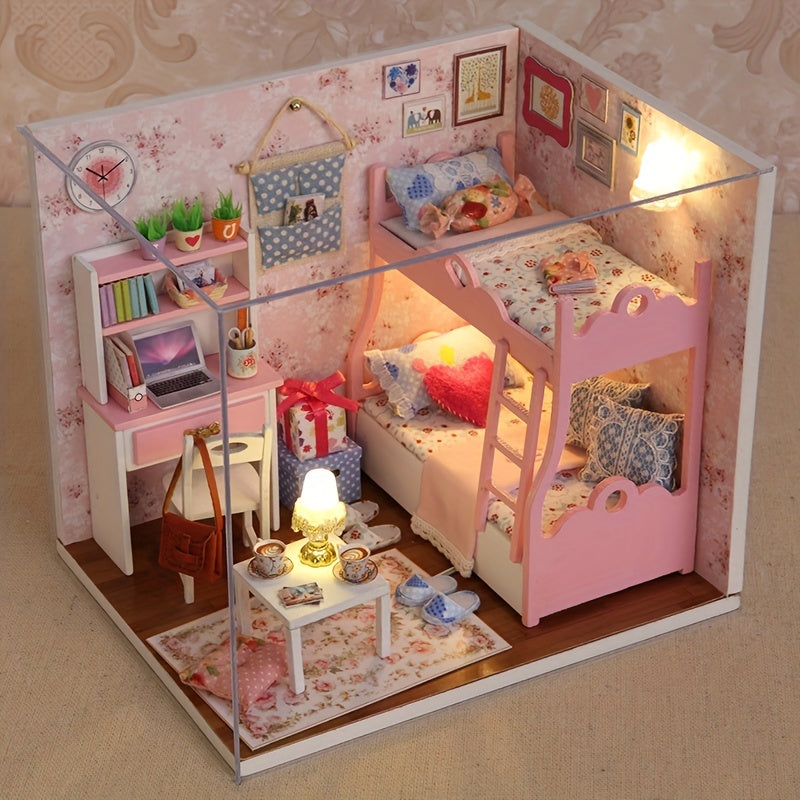 Poppenhuis | Magiczny mini świat - drewniany domek do samodzielnego montażu z oświetleniem LED