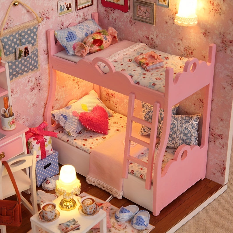 Poppenhuis | Magiczny mini świat - drewniany domek do samodzielnego montażu z oświetleniem LED