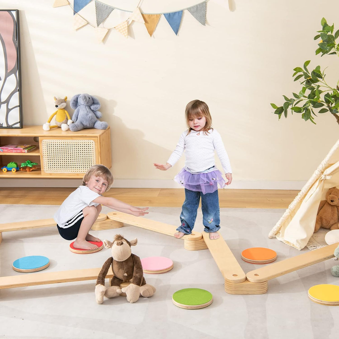 Ecotoys Schritt & Balance | Abenteuerlicher Spielspaß - Montessori-Balancebalken und Trittsteine für drinnen und draußen!