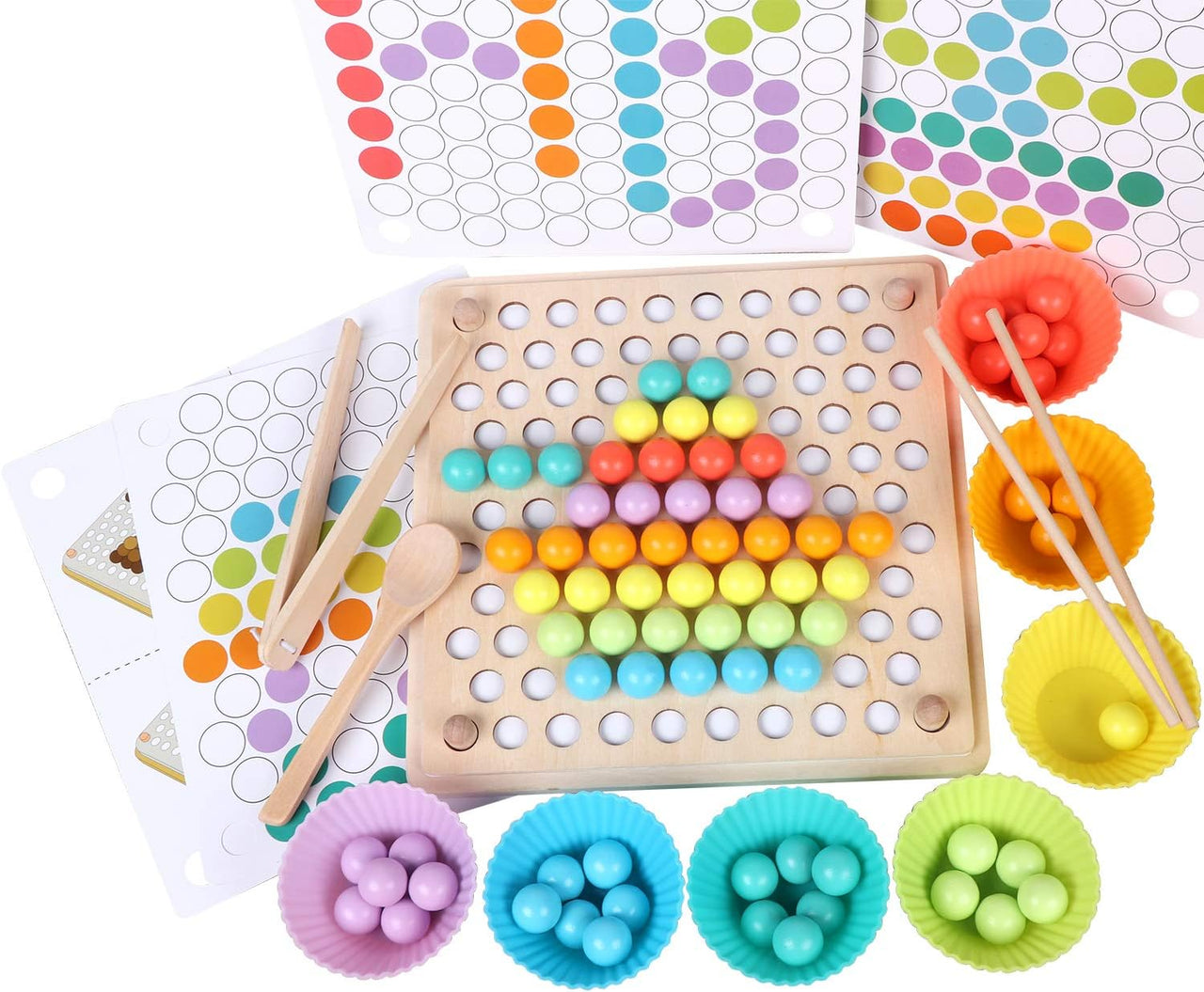Ecotoys Grip & Play | Fine motor skills and learning fun - Wooden bead board with tweezer game for educational development!