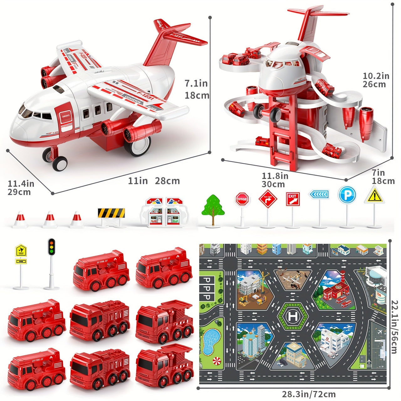 SkyRescue | Przygodowa zabawa - Zestaw do zabawy samolot i wóz strażacki z matą do zabawy