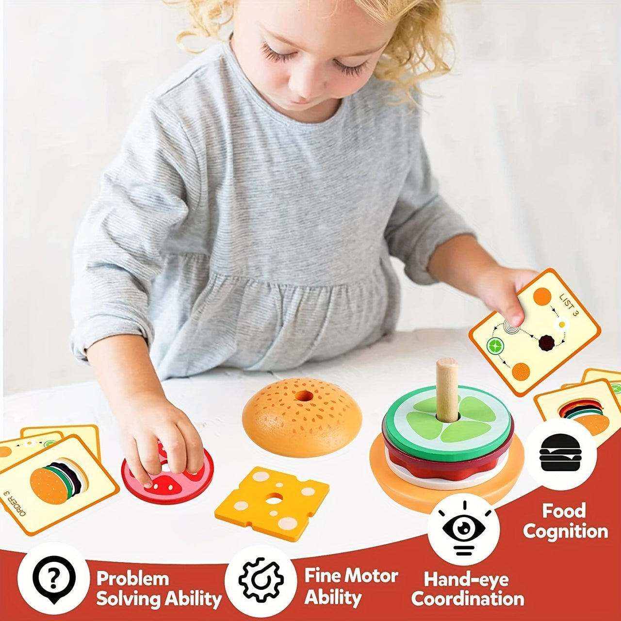 BurgerStack | Spielerisches Lernen Stapeln - Montessori Holz-Hamburgerset