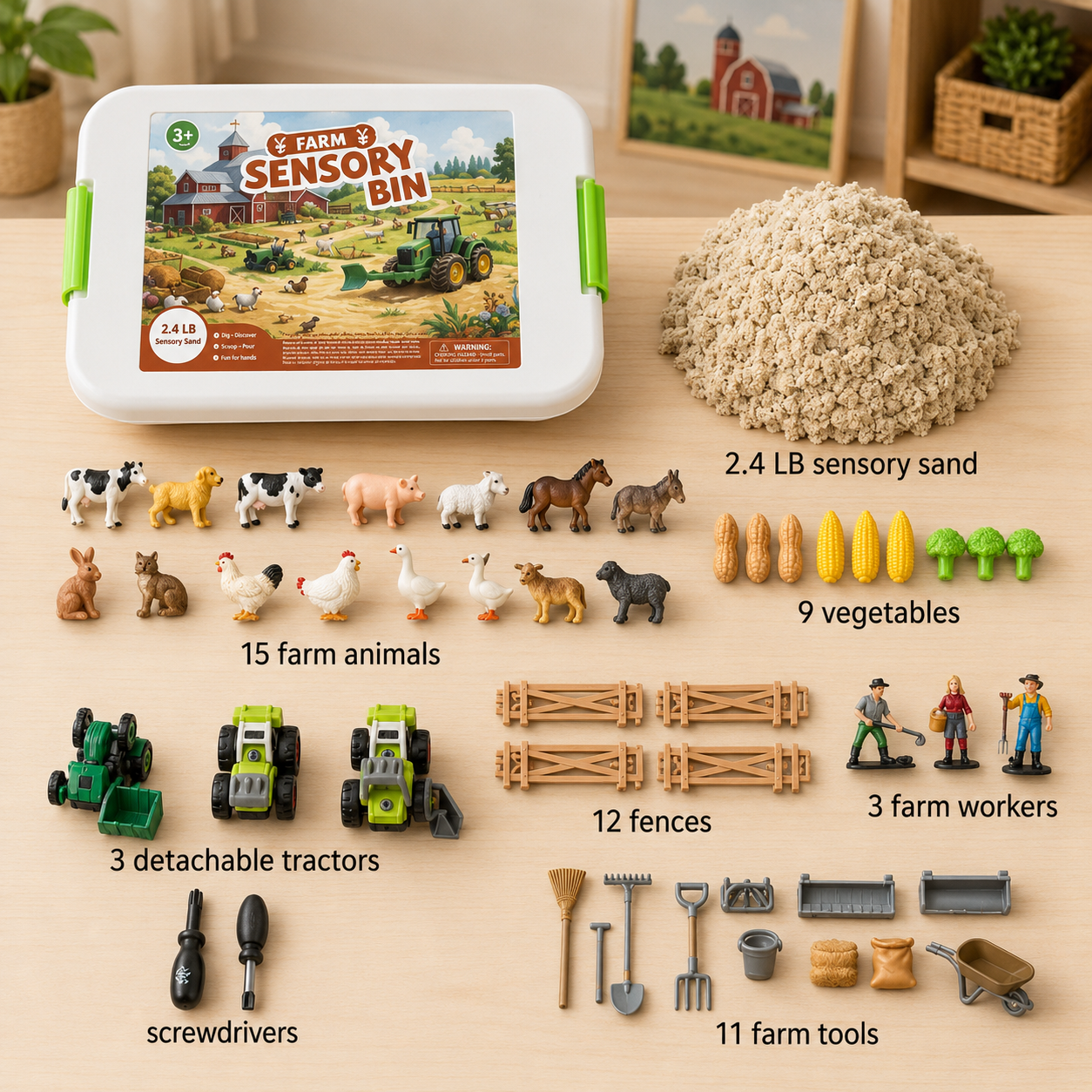 Bauernhof Sandspielset | Kreatives Sandkasten-Set mit Bagger- und Bauzubehör