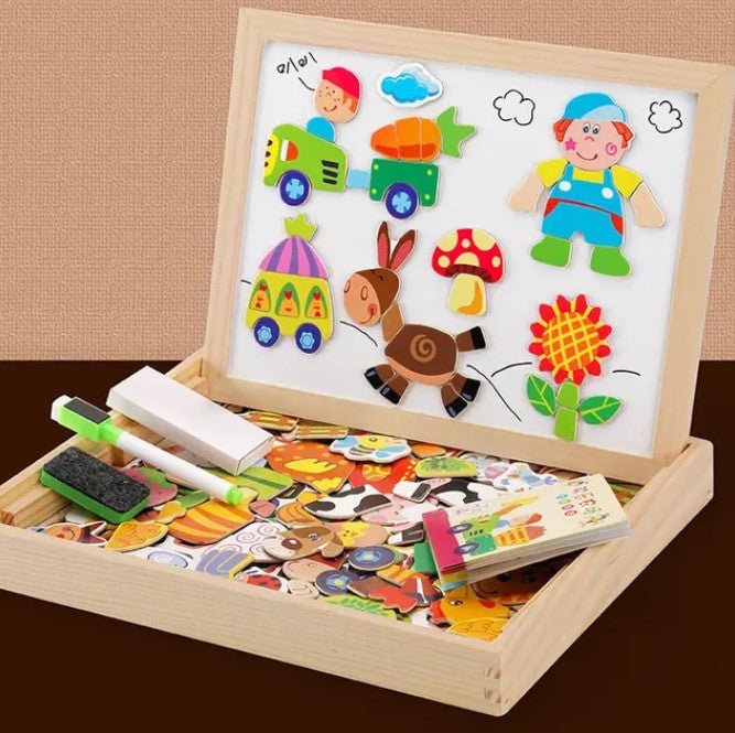 Dubbelzijdig Montessori Tekenbord met Magnetische Puzzlestukken en Kleurige Markers voor Kinderen 6