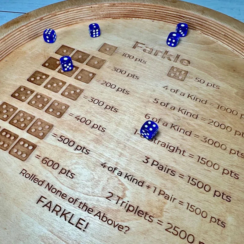 Houten Farkle Dobbelspel Tray met Gegraveerde Score Tabel en 6 Dobbelstenen voor Gezellige Spelavonden 3