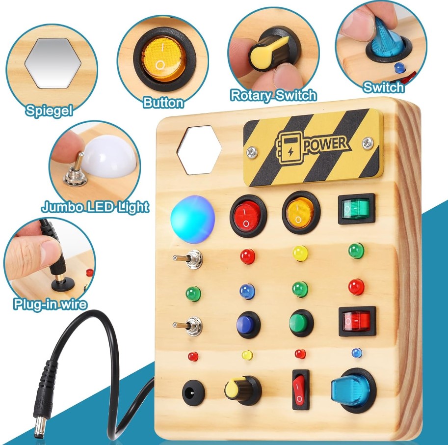 Ecotoys Holz Wunderplatte | Schaffe endlosen Spielspaß! - Montessori LED Busy Board für lehrreiche Abenteuer