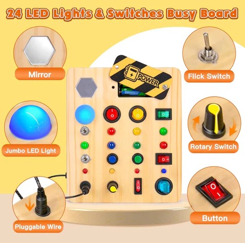 Ecotoys Holz Wunderplatte | Schaffe endlosen Spielspaß! - Montessori LED Busy Board für lehrreiche Abenteuer
