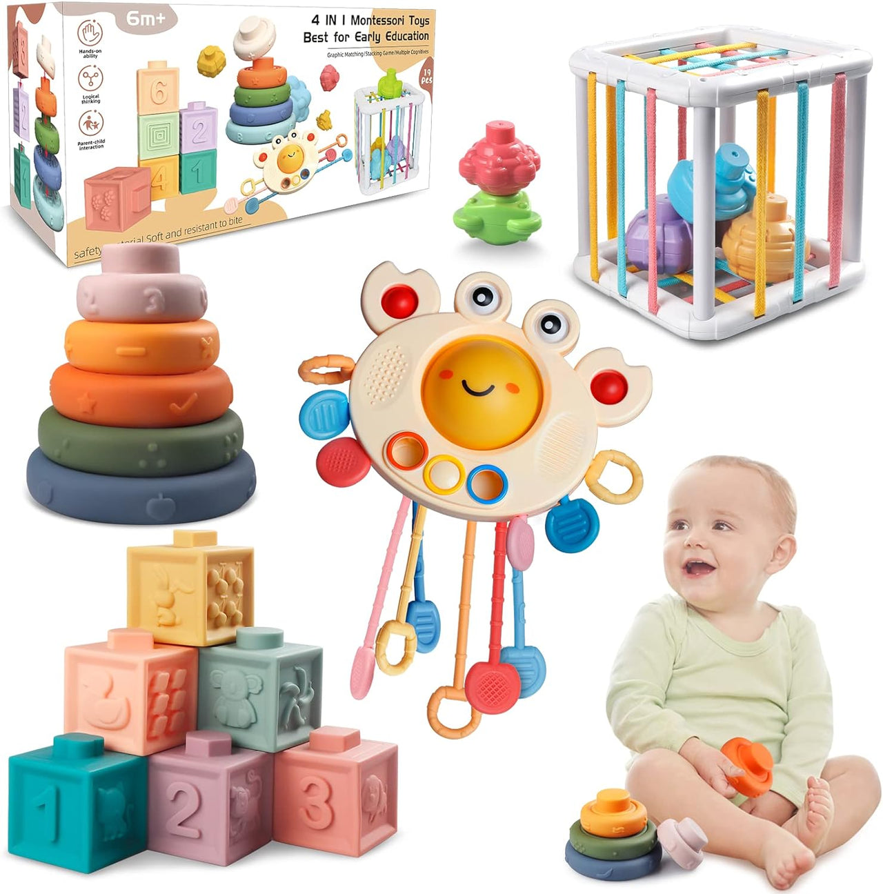Montessori Baby Speelgoed Set 4-in-1 voor Zintuiglijke Ontwikkeling met Veilig BPA-vrij Materiaal voor Kinderen vanaf 6 Maanden 0
