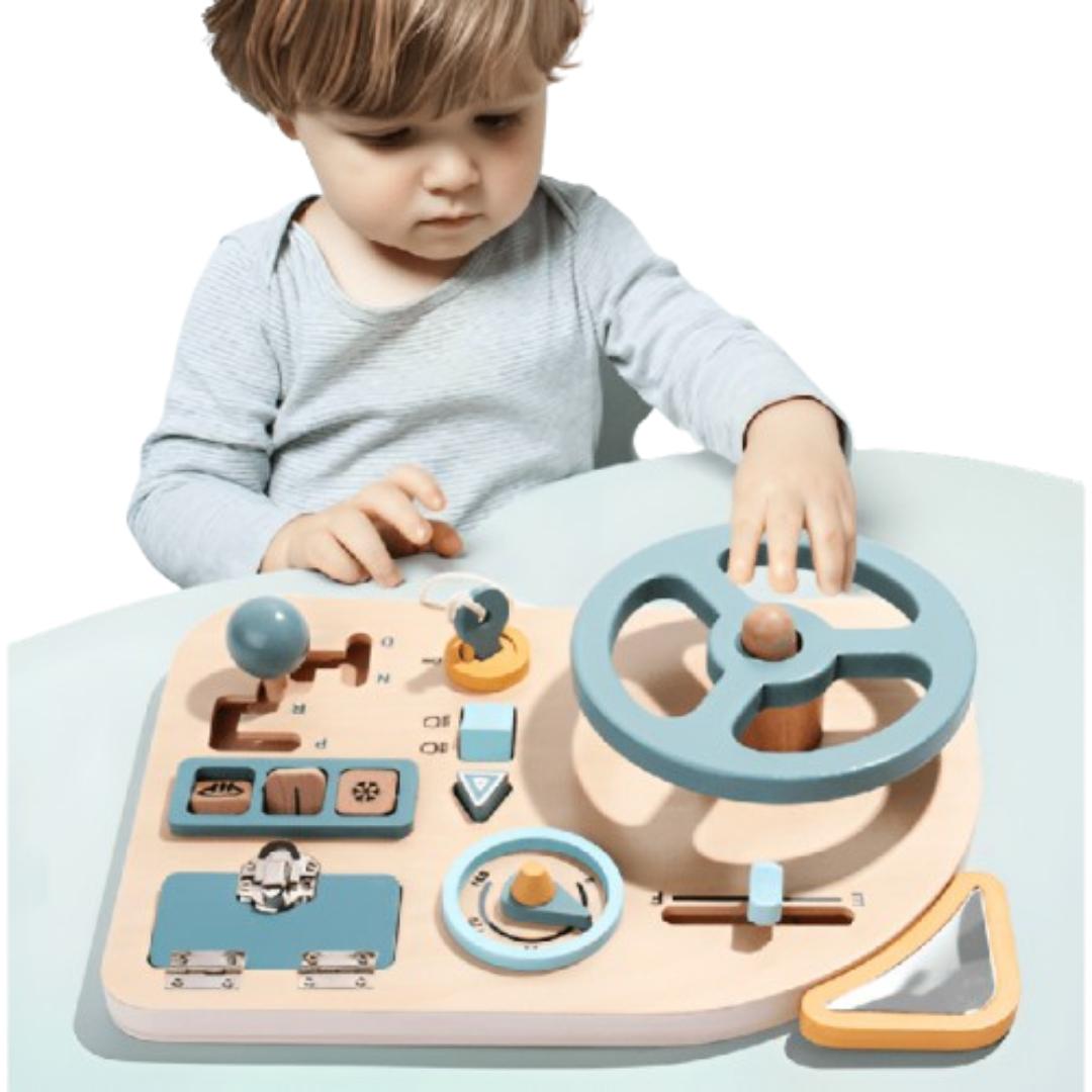EcoToys PushiCar | Montessori Drewniany Samochód z Tablicą Naciskową dla Maluchów z Interaktywnymi Elementami - Edukacyjna Zabawka dla Dzieci od 3 Lat i Starszych