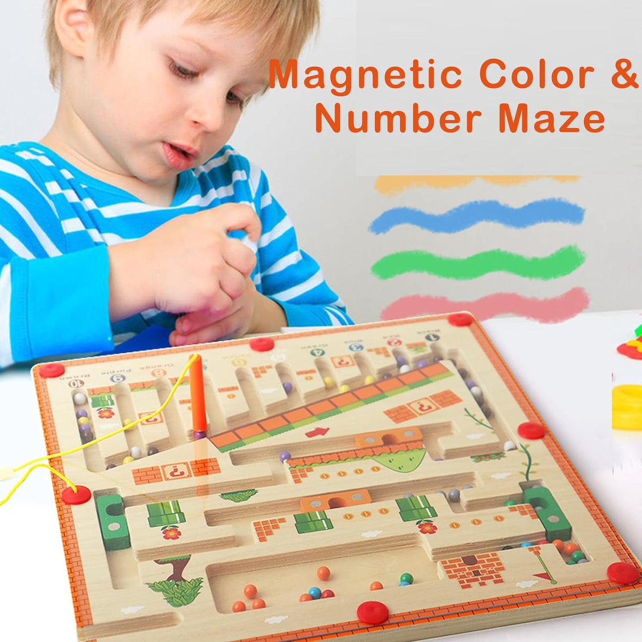 Montessori Magnetisch Doebord voor Kinderen met 55 Kleurrijke Magnetische Kralen, Veilig Houten Speelgoed voor 3+ Jaar 2
