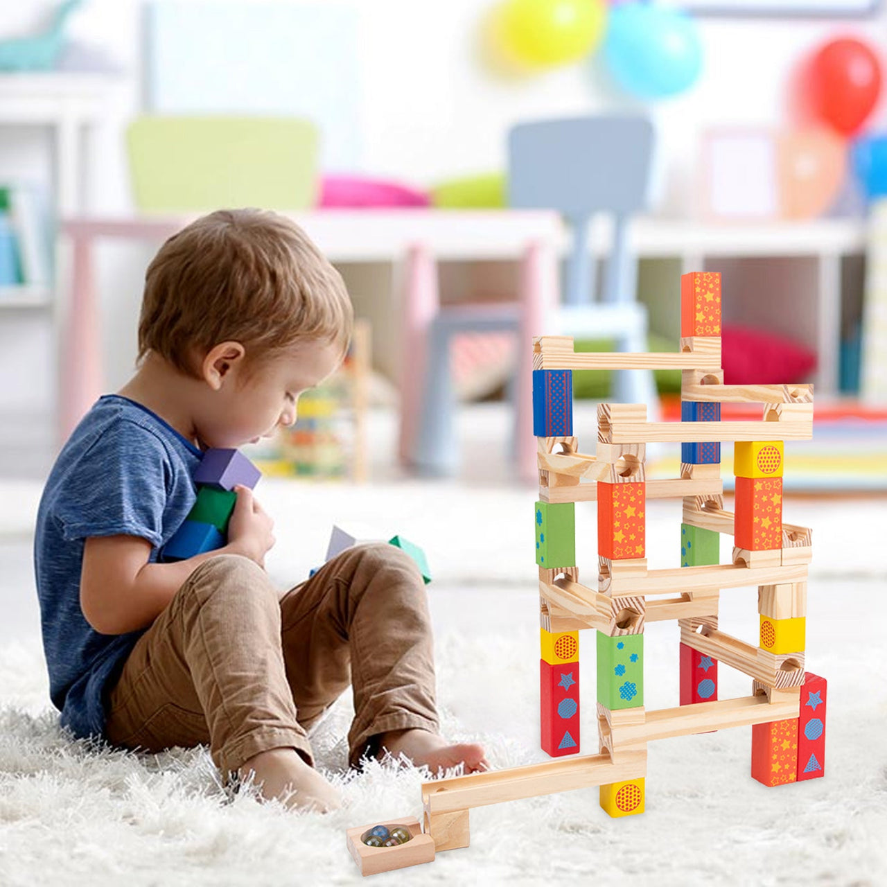 EcoToys Pista da Corsa in Marmo di Legno | Educativo - Gioco Divertente per Bambini