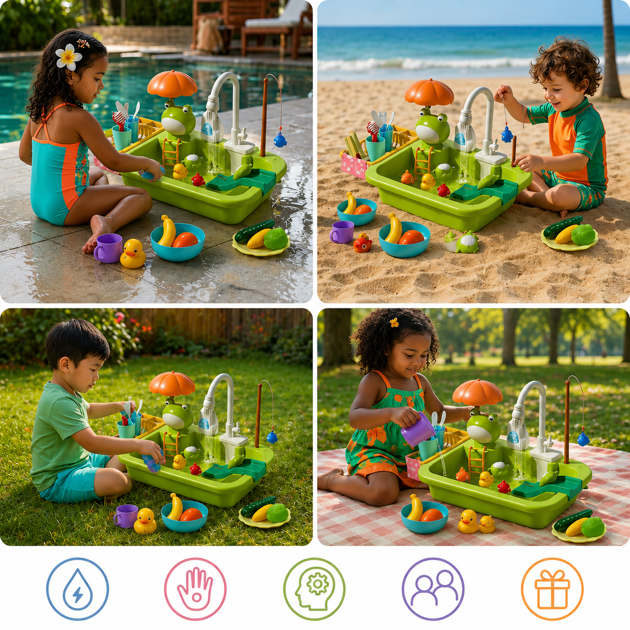 Set de fregadero para cocina de juguete | Fregadero infantil con juego de pesca y accesorios