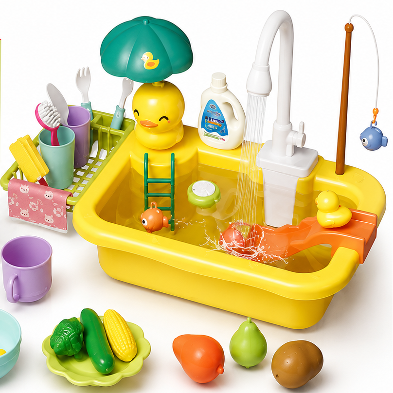 Set de fregadero para cocina de juguete | Fregadero infantil con juego de pesca y accesorios