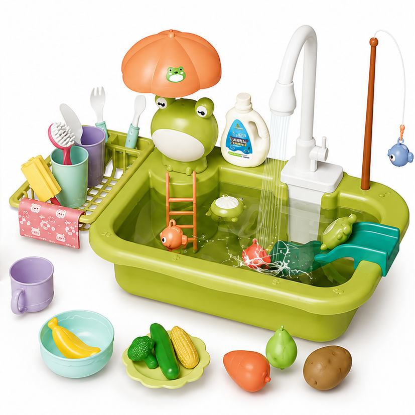 Set de fregadero para cocina de juguete | Fregadero infantil con juego de pesca y accesorios