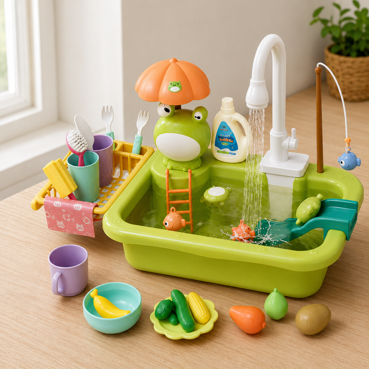 Set de fregadero para cocina de juguete | Fregadero infantil con juego de pesca y accesorios