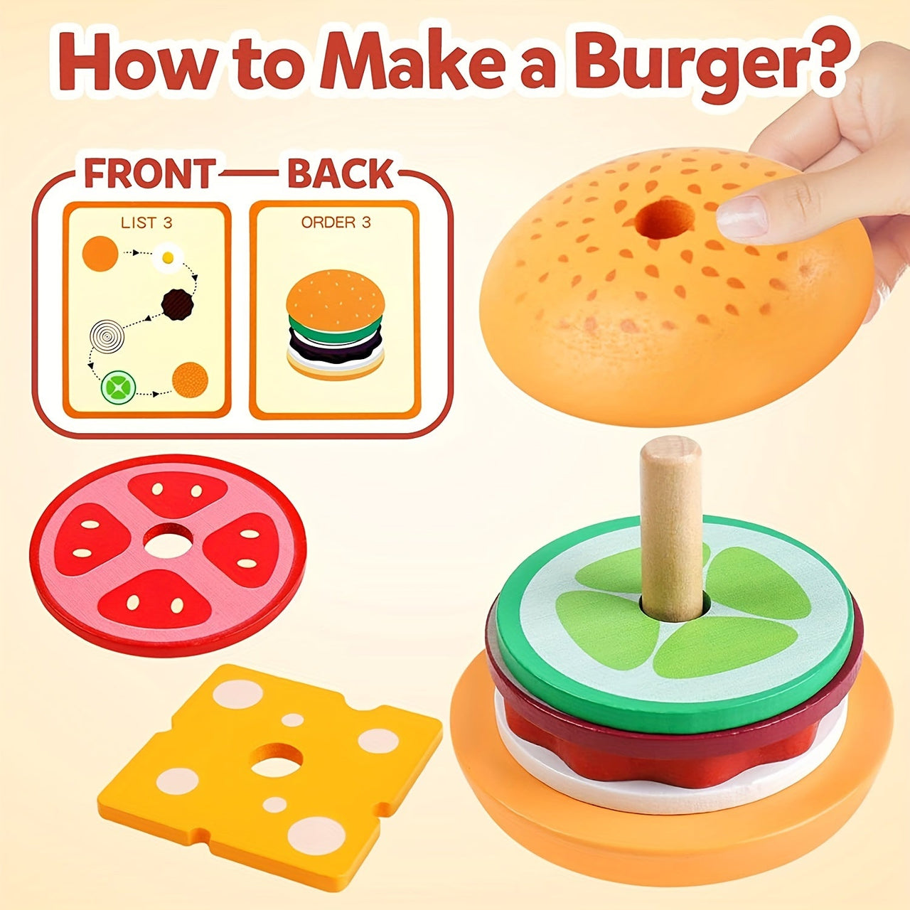BurgerStack | Spielerisches Lernen Stapeln - Montessori Holz-Hamburgerset