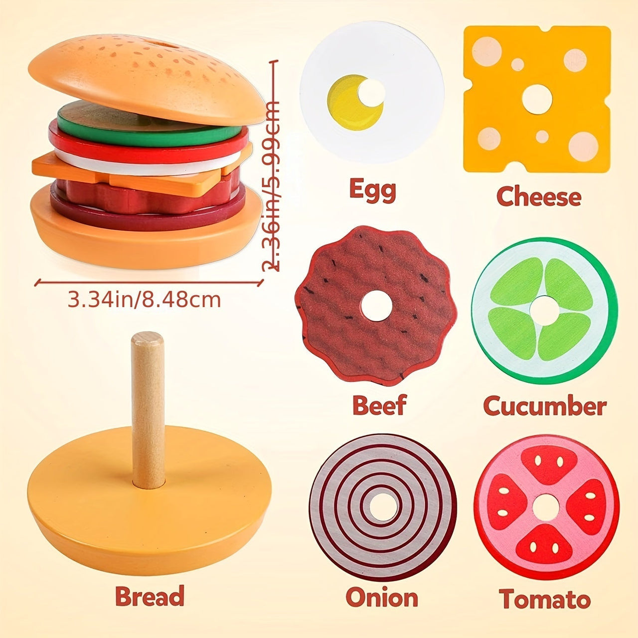BurgerStack | Spielerisches Lernen Stapeln - Montessori Holz-Hamburgerset
