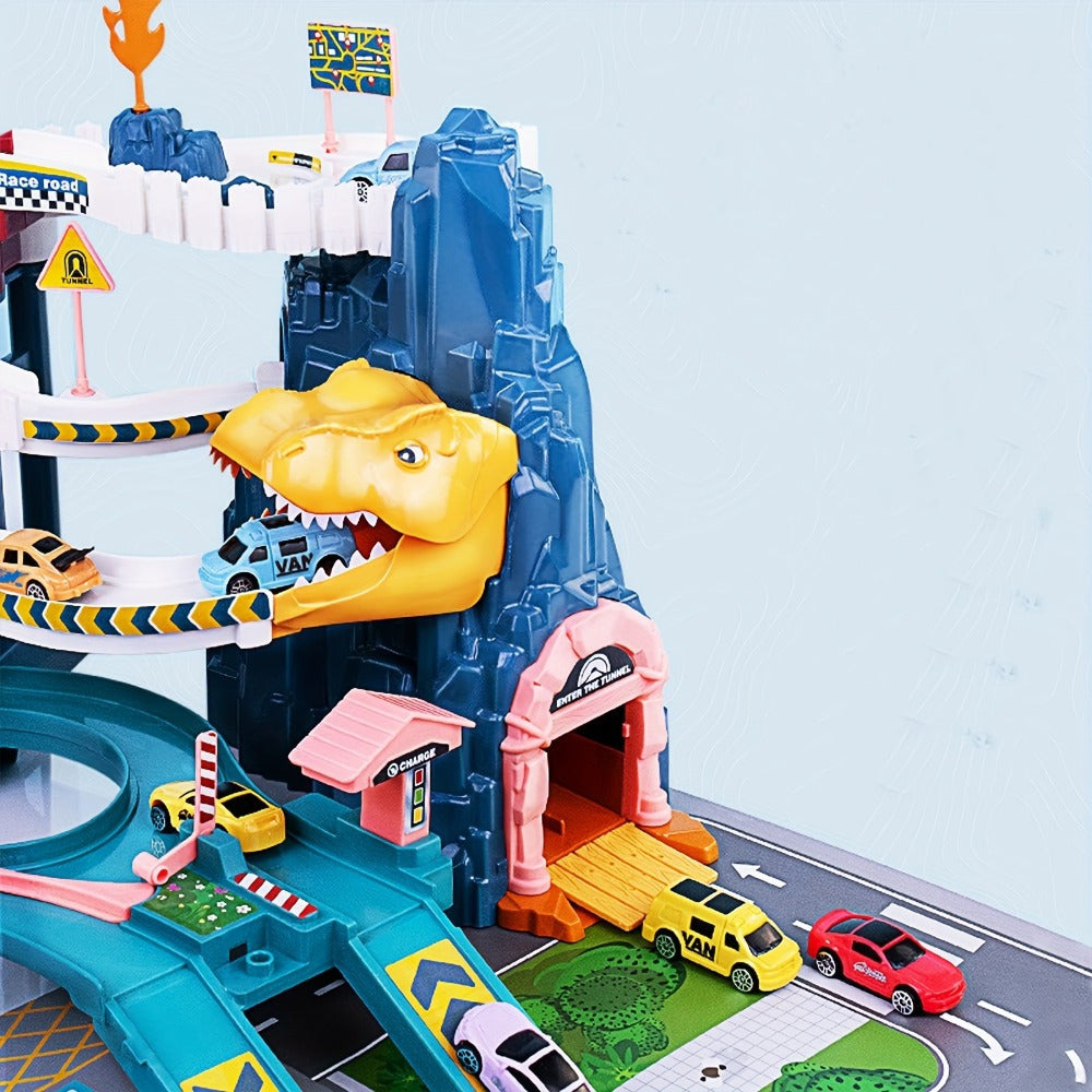 DinoRush | Spannendes prähistorisches Abenteuer - Dinosaurier-Spielset mit Rennbahn und Bergstrecke