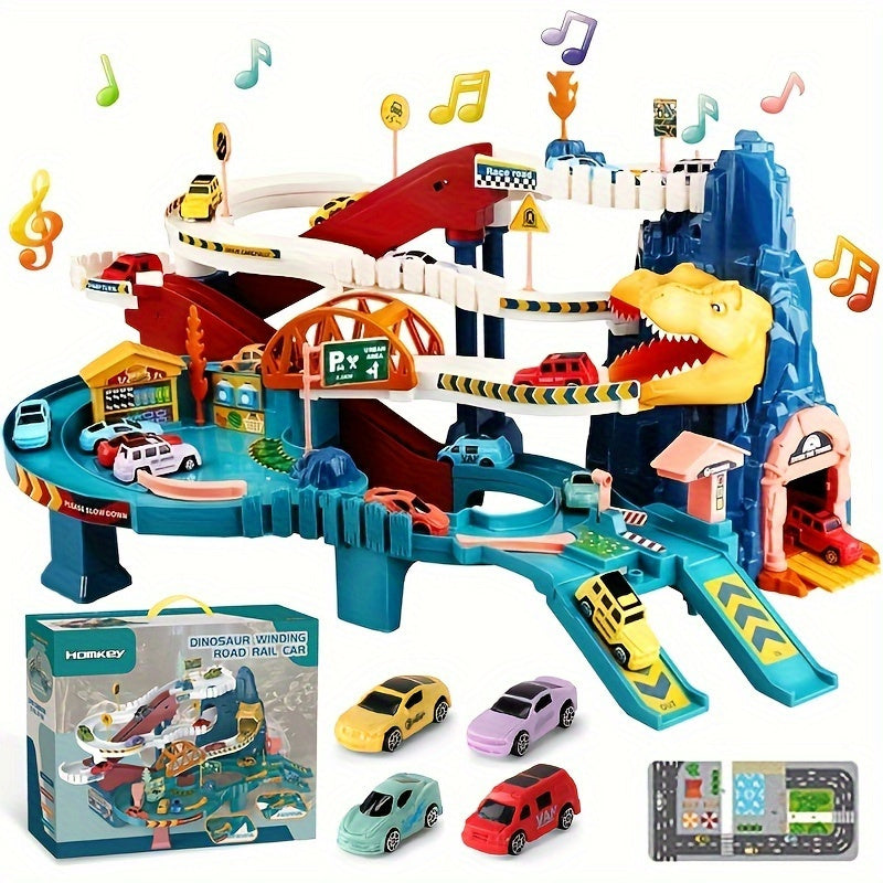 DinoRush | Spannendes prähistorisches Abenteuer - Dinosaurier-Spielset mit Rennbahn und Bergstrecke