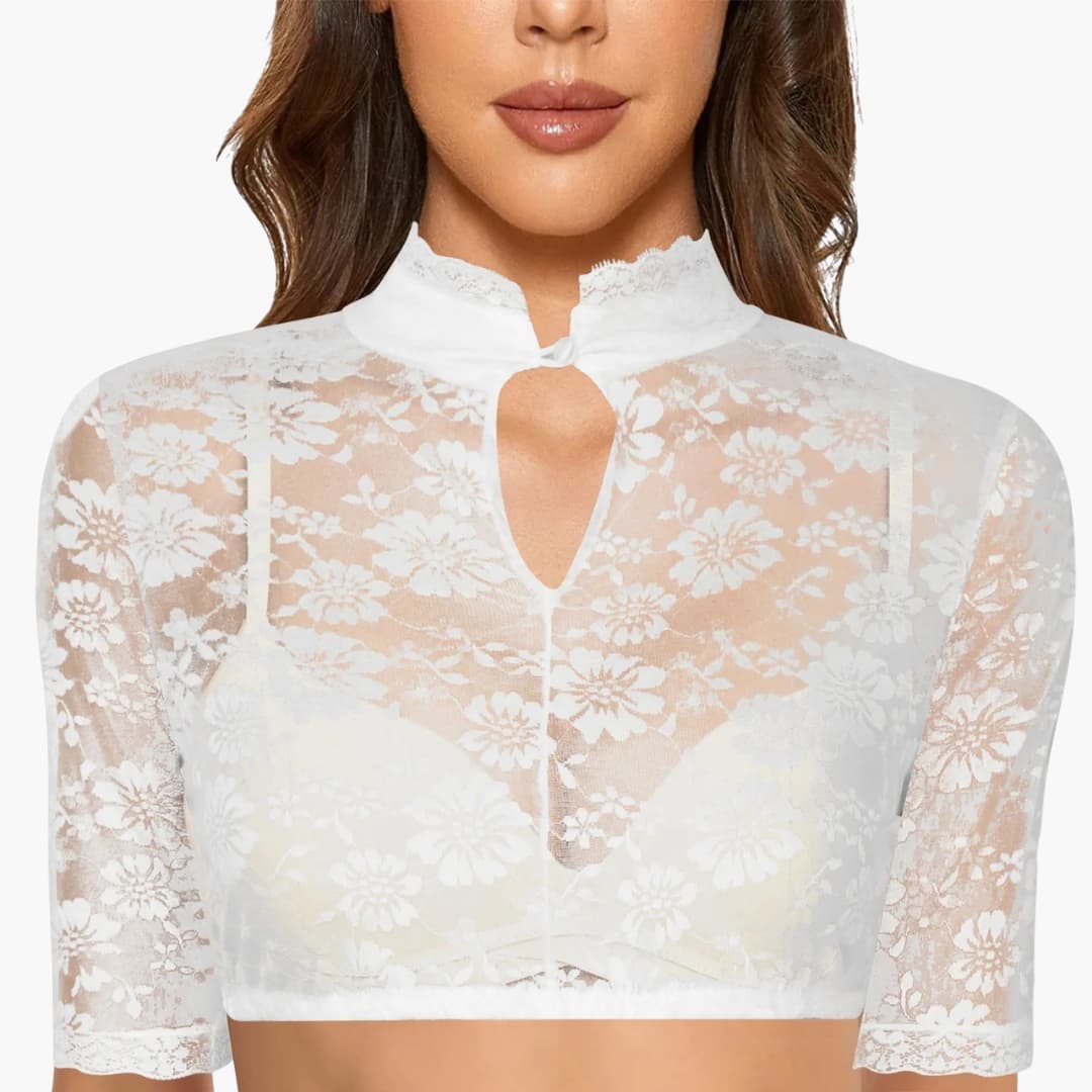 Blouse dames met hoge kraag en fijn kantbloempatroon, elegante crop top blouse