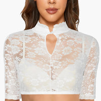 Thumbnail for Blouse dames met hoge kraag en fijn kantbloempatroon, elegante crop top blouse