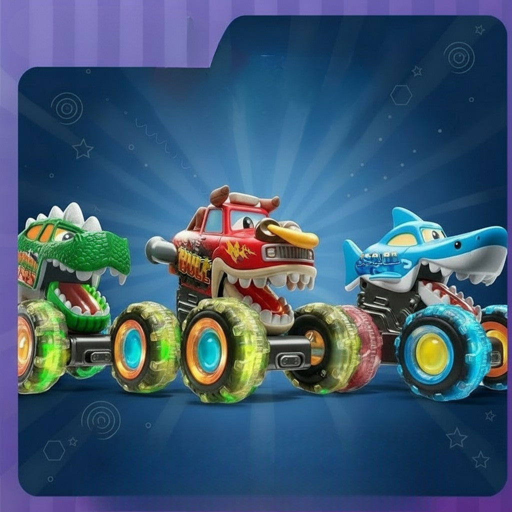 GlowRover monstertruck RC auto met gloeiende LED-wielen in rood met monstergrijnzen