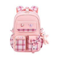 Thumbnail for Roze schoolrugzak voor kinderen met ruitmotief, ergonomische banden en kawaiiaccessoires