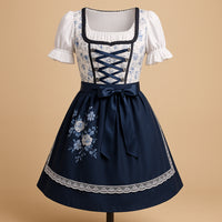 Thumbnail for Dirndl jurk dames met blauw-wit bloemenprint, korsetdetails en pofmouwen