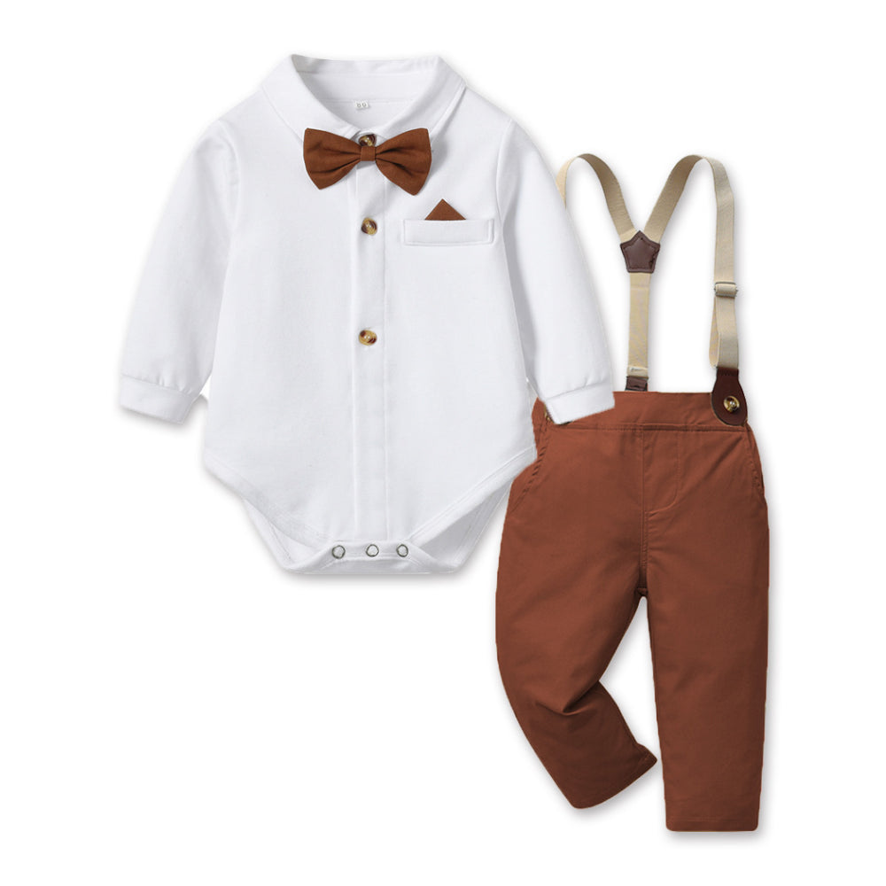 Formele babyset voor jongens met bruine bretels, witte body met bruine strik en bruine broek