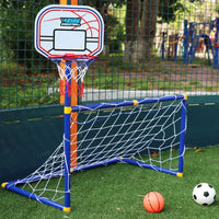 Thumbnail for Weplay voetbaldoel en basketbalhoop set in tuin met oranje en witte voetbal, blauw frame