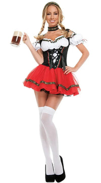Thumbnail for Zwart-rode dirndl jurk dames met witte pofmouwen en traditionele Oktoberfest-accessoires