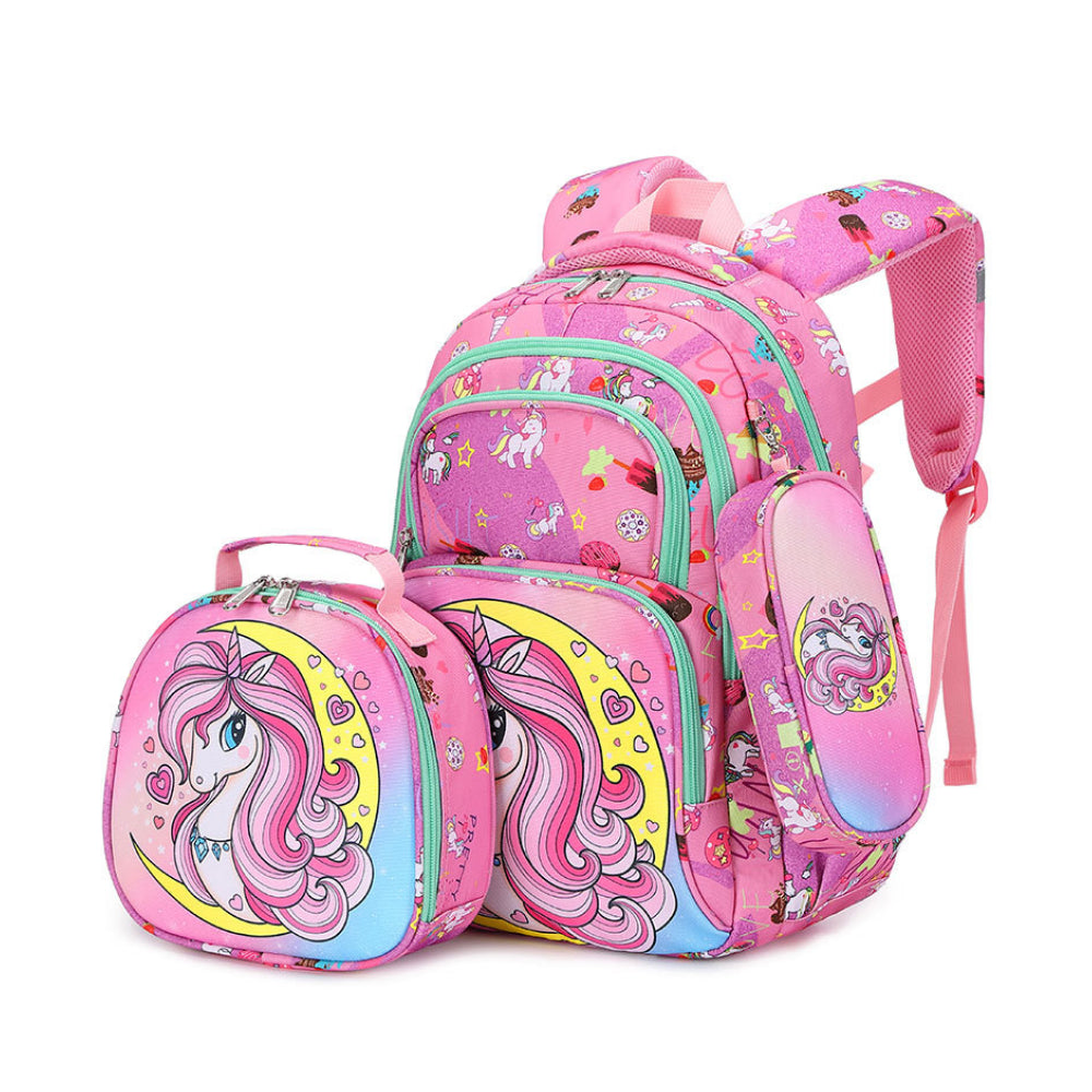 Schooltas set dames eenhoorn driedelig met rugzak, lunchtas en etui in roze