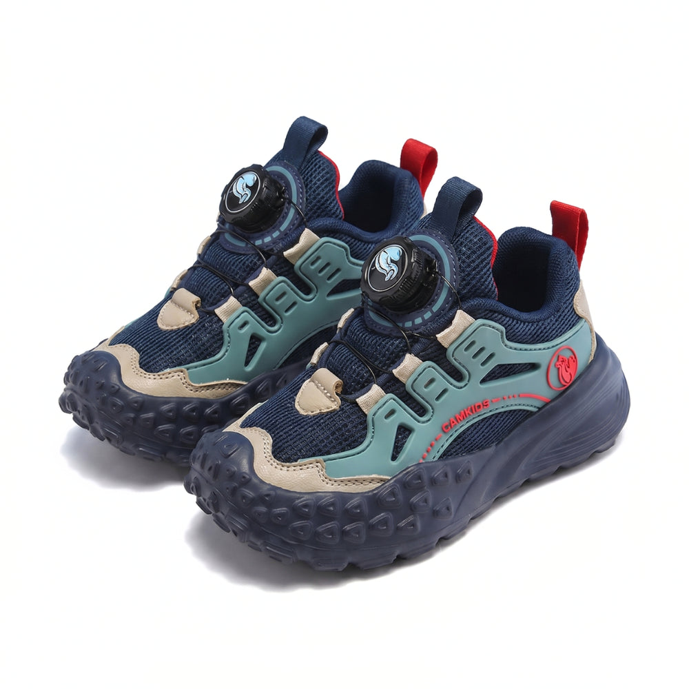 Jongens outdoor sneaker met draaiknop sluiting in donkerblauw en mint, voorkant en bovenaanzicht