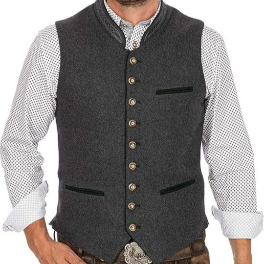 Heren traditionele wollen gilet grijs met staande kraag en decoratieve knoppen
