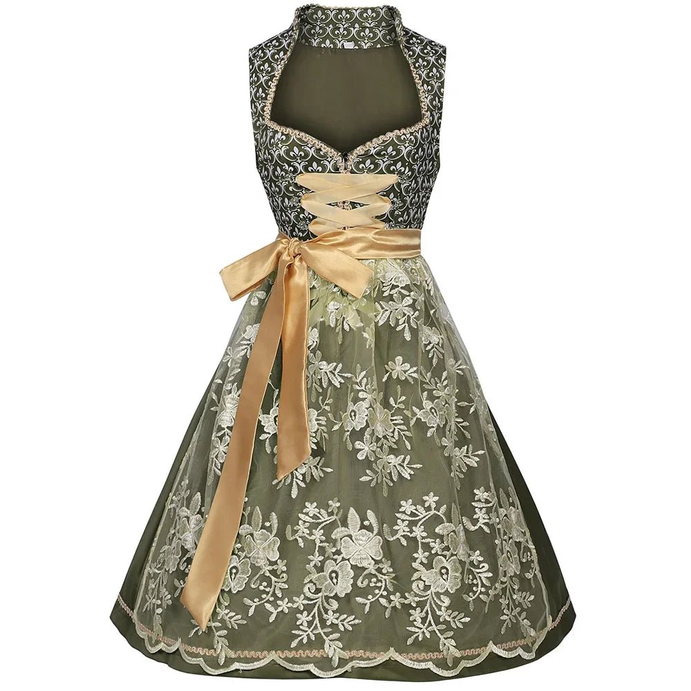 Groene dirndljurk dames met geborduurd lijfje en gouden strik, midi-lengte