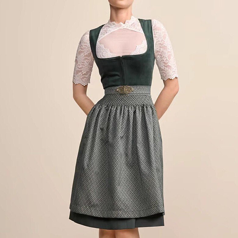 Midi dirndljurk dames donkergroen fluweel met geplooid jacquard rok en riem