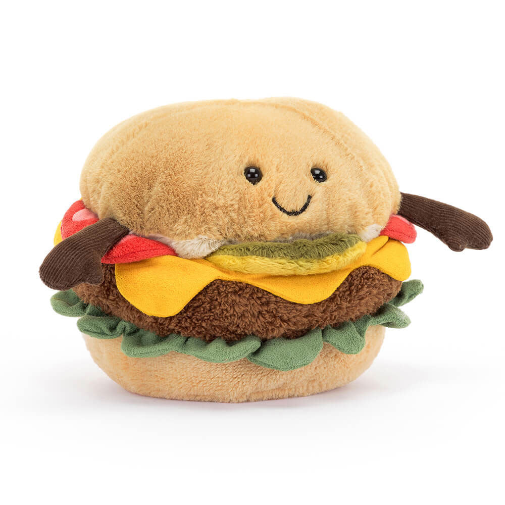 SnackCuddle hamburger knuffel met vriendelijk gezichtje en bruine, rode en gele textiel details