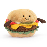 Thumbnail for SnackCuddle hamburger knuffel met vriendelijk gezichtje en bruine, rode en gele textiel details