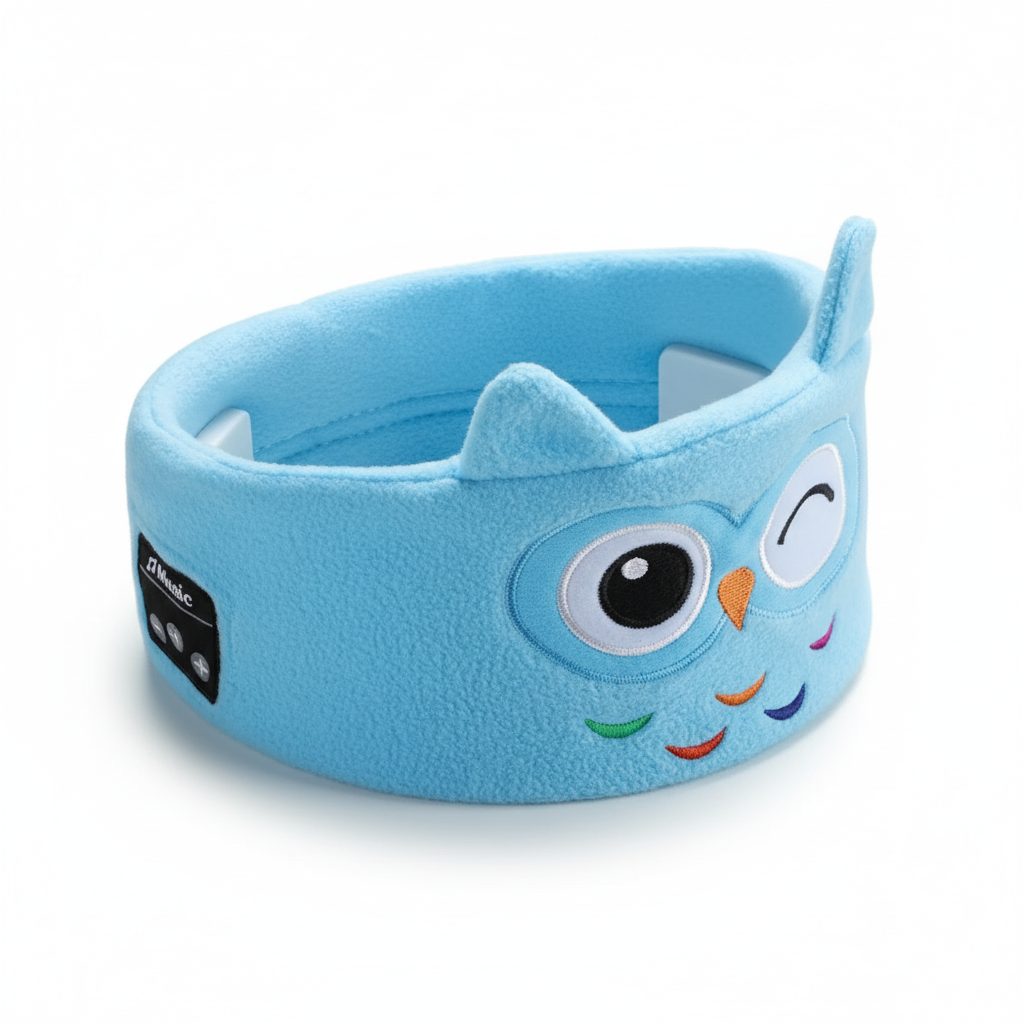CozyTunes draadloze dierenkop hoofdtelefoon voor kinderen in blauw uil design met speelse gezichtsuitdrukking