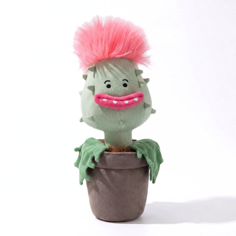 PlantCuddle pluche plantknuffel met roze haar en vriendelijk gezicht in bruine pot