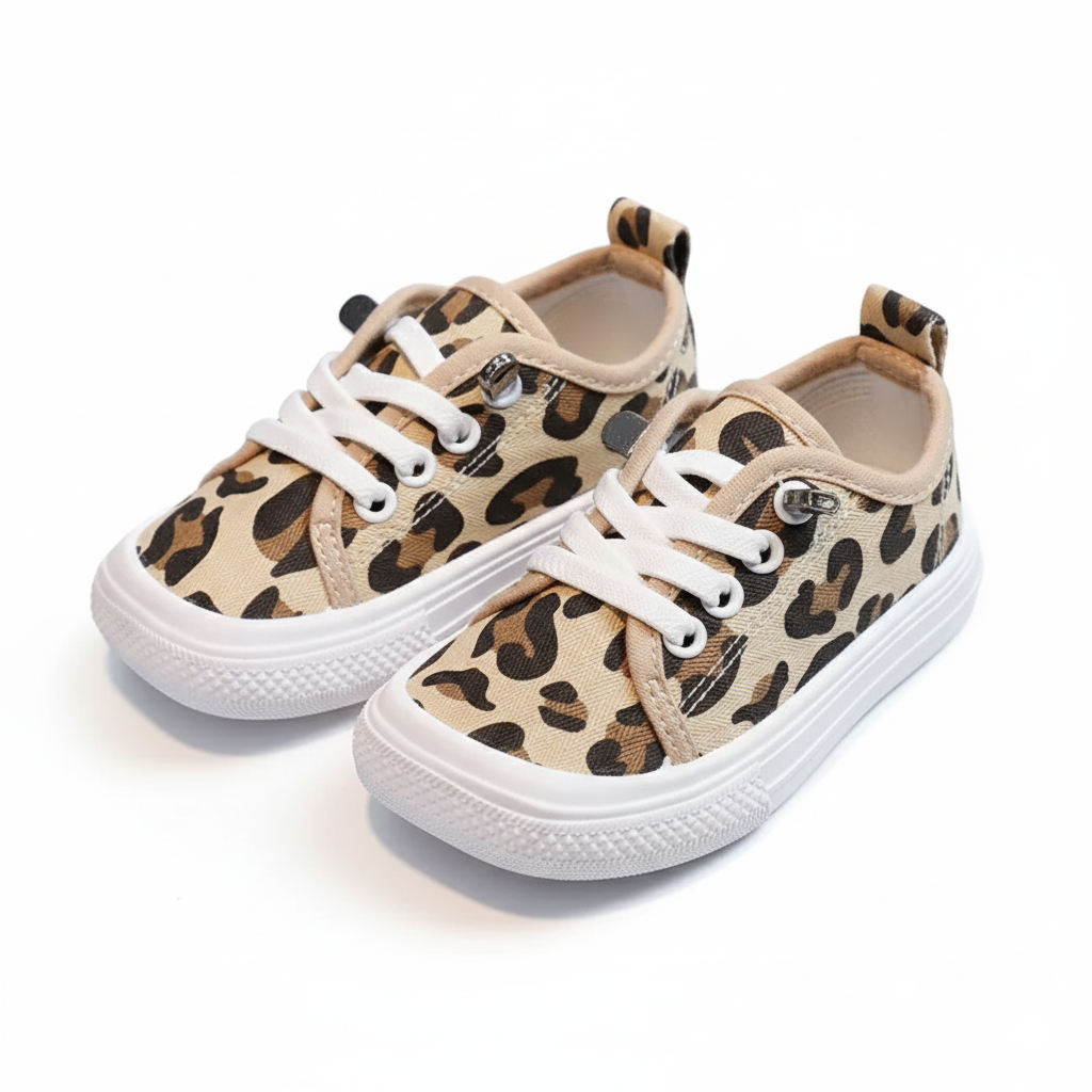 Kindersneakers met luipaardpatroon, witte zool en klittenband sluiting