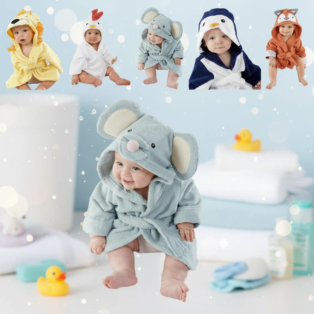 CozyNest badjas in grijs met schattig dierendesign, speciaal ontworpen voor comfort en warmte na het baden