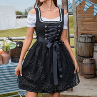 Thumbnail for Zwarte traditionele dirndljurk dames met kant, decoratieve knopen en off-shoulder blouse