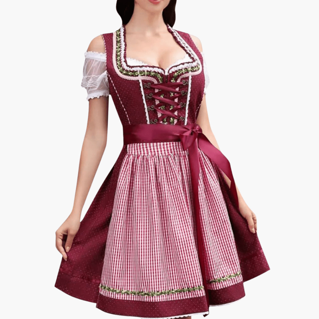 Geregen Dirndl jurk dames met guit patroon en geborduurd detail in rood