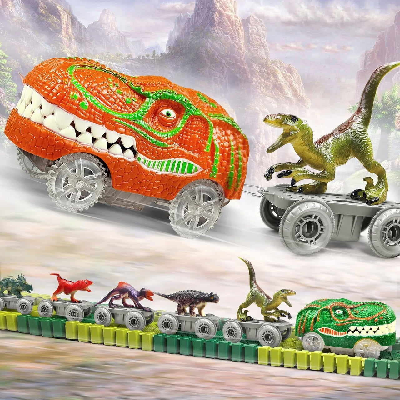 Racing Dinosaur Train Set | Fantasierijke Treinbaan Set voor Ongekend Speelplezier - Inclusief Extra Dino en Treinauto